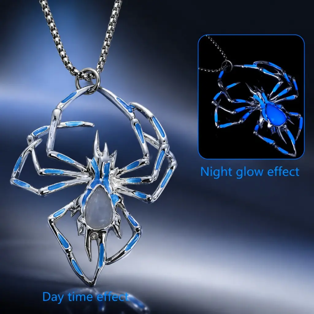 Silver Blue Glow In Dark Spider Web Pendant Necklace for Men Women, Large Hollow Insect Animal Charm Box Chain, Gothic Punk Alloy Resin Luminous Jewelry, 22g Lightweight Electroplated Tarnish Resistant Neck Chain, Halloween Street Trend Statement Accessor