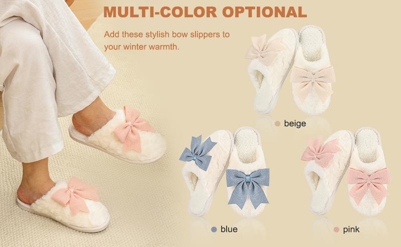 Plush Popular Fuzzy Cute Bow Slippers For Women, Non - Slip, Winter Warm Cozy House Slippers Indoor Outdoor Shoes Girl Footwear