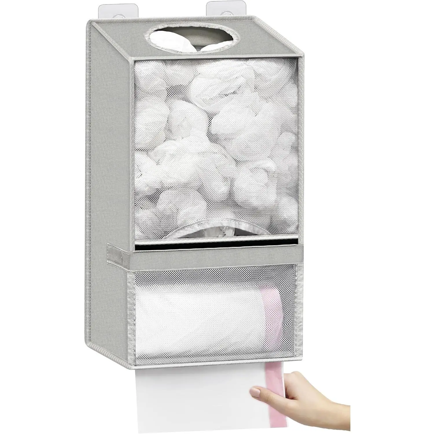 Wall Mount Plastic Bag Holder - Large Oxford Cloth Grocery Bag Holder, 2-in-1 Plastic Bags Organizer with Trash Roll Dispenser for Home Kitchen Closet Cabinets Sink, Gray