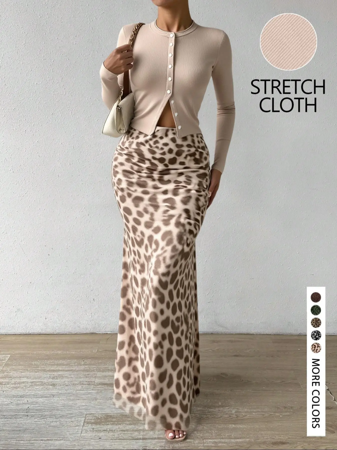Lw Zillionaires Women's Leopard Print Skirt + Button-Up Top Set, Comfortable and Elegant, Perfect for Fall & Winter, Casual Slim-Fit Outerwear