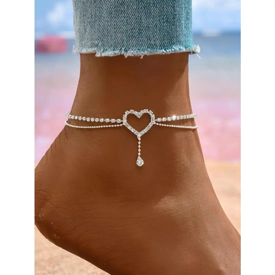 Elegant Heart Rhinestone Anklet, Fashionable Jewelry Accessories, Trendy Jewelry, Light Luxury Style, Perfect for Daily Wear, Beach Date Night, Surprise Gift Idea, Stainless Steel Chain