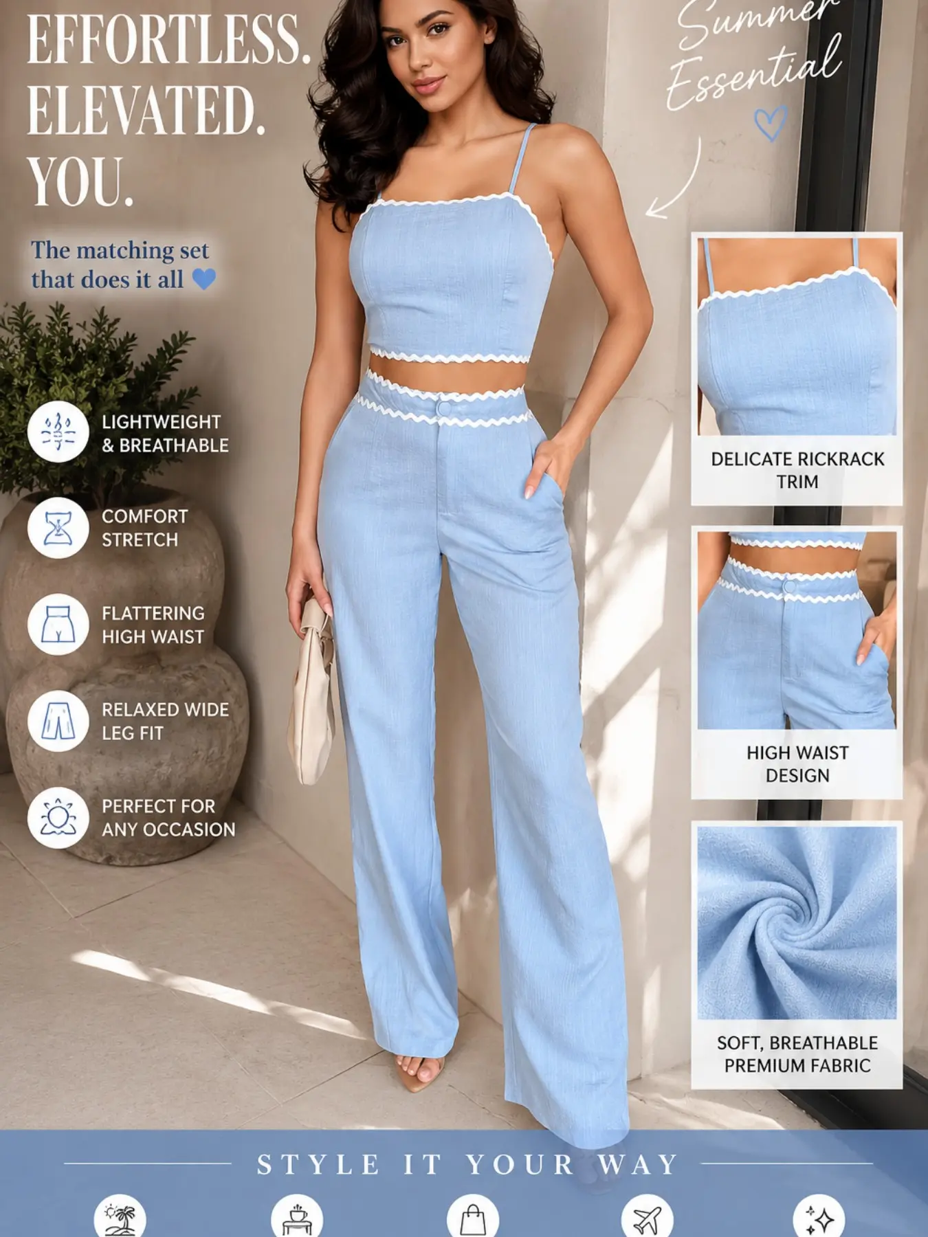 Women's Casual Chic Aesthetic Solid Light Wash Two-Piece Set, Short Strap Top with Waist Exposure, High-Waisted Wide Leg Pants, Pocket Design, Elegant and Practical