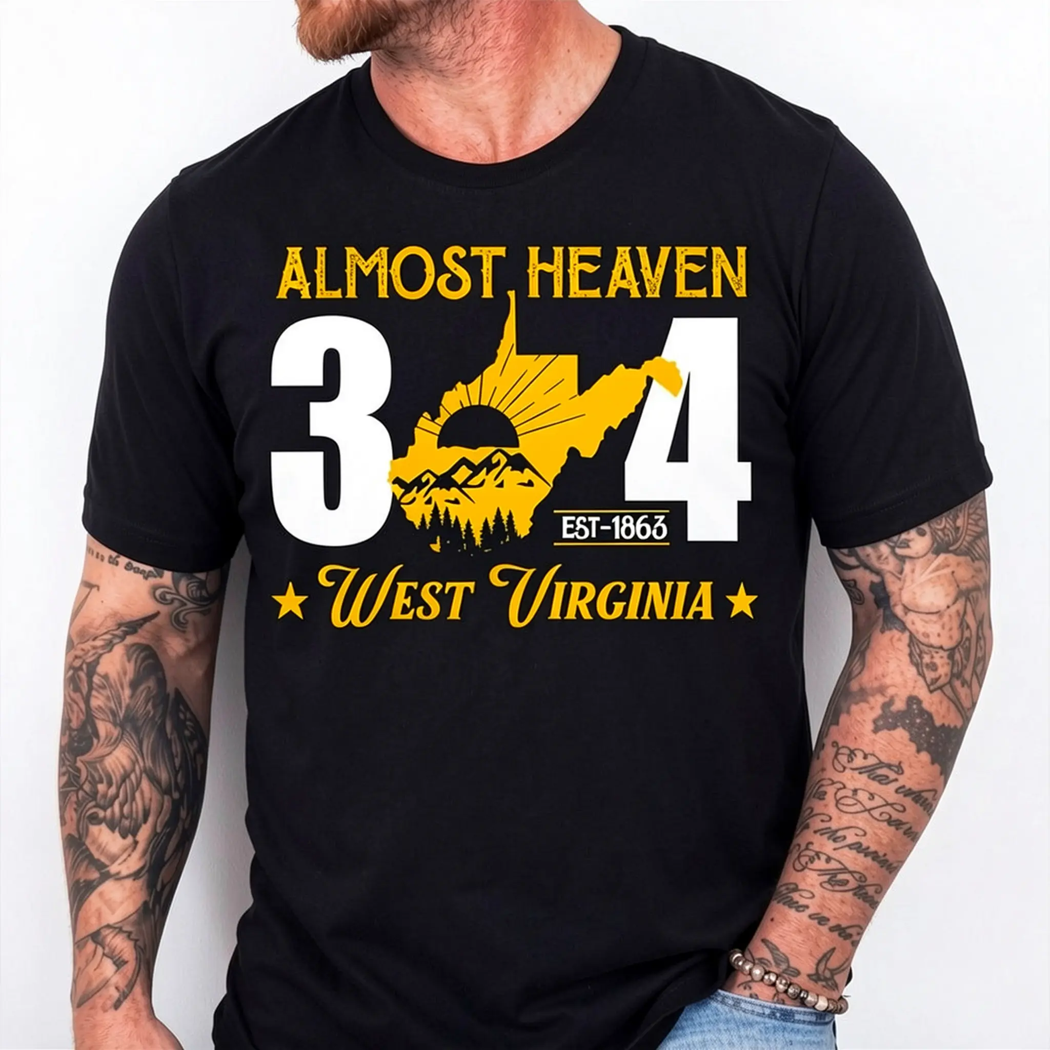 [100% Cotton]Almost Heaven 304 West Virginia Map T-Shirt Graphic Tees Crewneck Casual