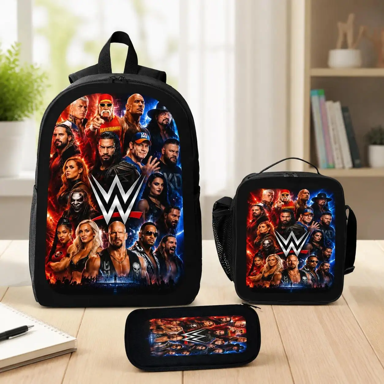WWE American Undertaker 3-Piece Backpack Set, Wrestling Legend-Inspired Large Capacity Bag with Lunch Bag, Pencil Case, Ergonomic Shoulder Straps, Lightweight, No Wheels, Strong Visual Identity for Students, Street Style Travel Gift Geek Bag Book Sack