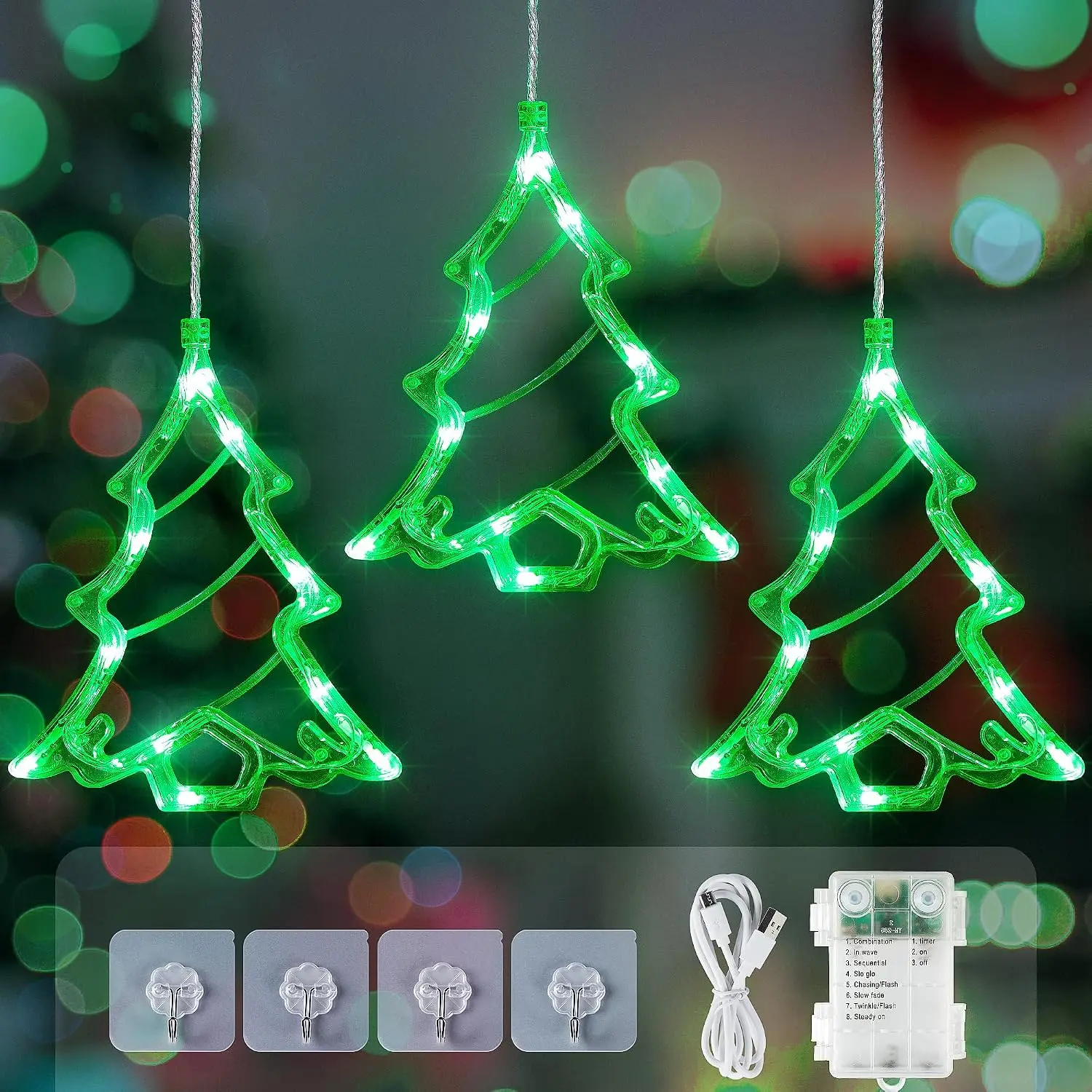 Christmas Tree Window Lights, 30LED Green | USB &  operated,  Curtain string lights,Xmas indoor outdoor decor for bedroom,wall,party,holiday