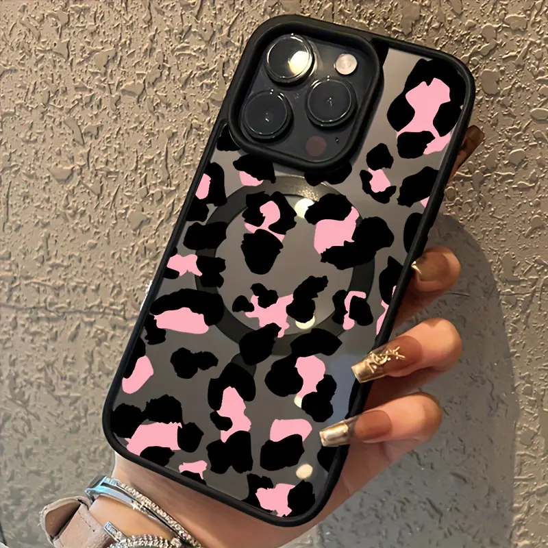 Phone Case: Pink and Black Leopard Print Phone Case, Wireless Charging Compatible, Anti-Drop, Skin-Friendly Magnetic Case, Compatible with iPhone 17 Pro Max/17 Air/16/15/14 Plus/13/12/11, Samsung Galaxy A56/A55/A54/A36/A35/A26/A25/A16/A15/A06/S25