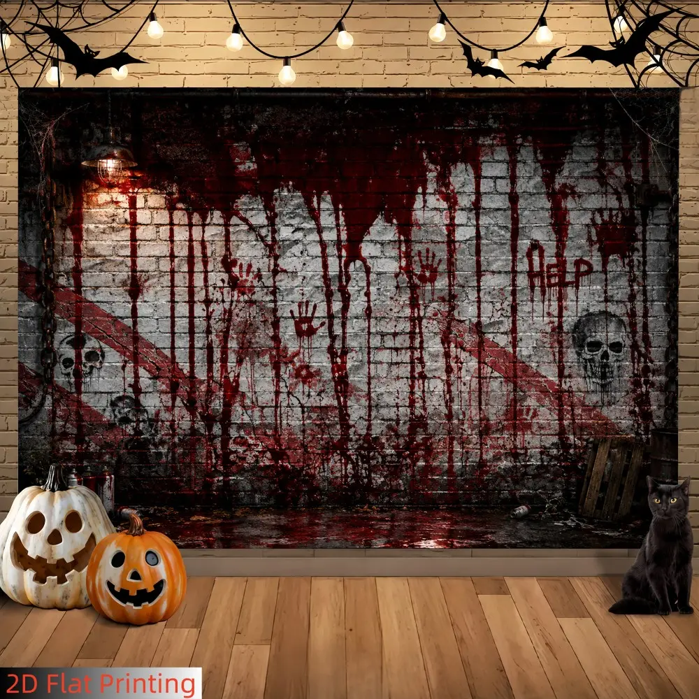 1PC 2D Flat Horror Themed Backdrop Featuring Bloody Handprints, "Help" Graffiti, Weathered Brick Wall And Iron Fence Polyester Fabric For Escape Room Scene Construction, Horror Murder Mystery Game Layout, Scary Style Portrait Shooting