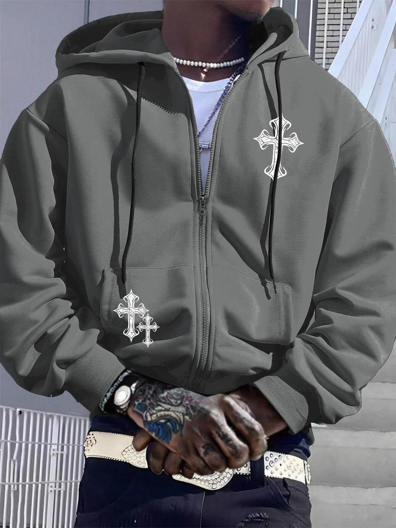 Men's Cross Print Drop Shoulder Zip Up Hoodie, Gothic Rock Hoodie, Fashion Casual Regular Fit Drawstring Pocket Hooded Sweatshirt for Daily Holiday Outdoor Wear, Men Clothes for Fall & Winter