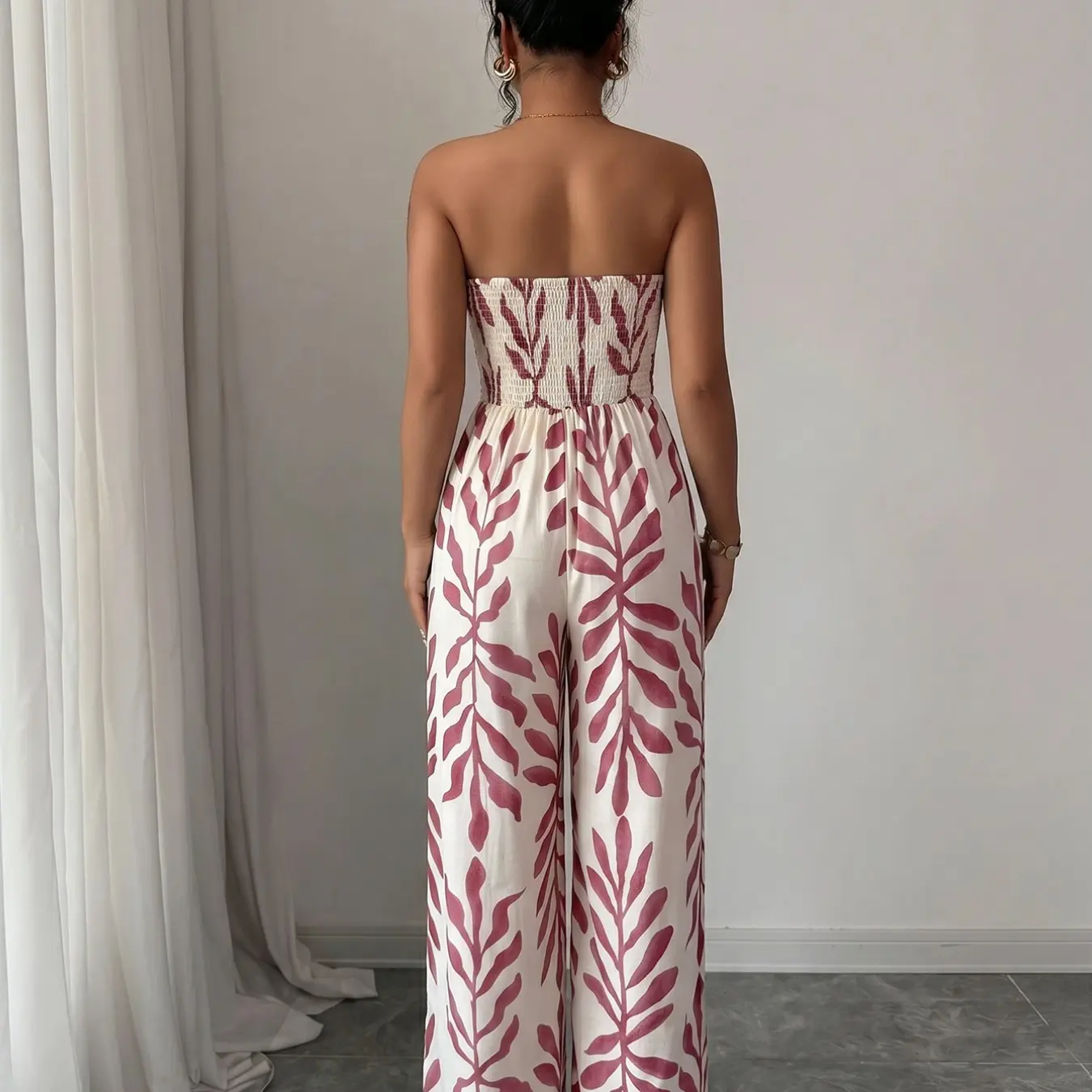 Breathable Flowy Wide Leg Geometric Printed Jumpsuit, Sleeveless Boho Style, Fit, High Waist, Leaf Print, Split Thigh Slit, Perfect for Beach, Work, Date Night