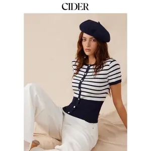 Cider Knit Striped High Stretch Short Sleeve Cardigan With Pearl Buttons SummerWins Dealsforyou