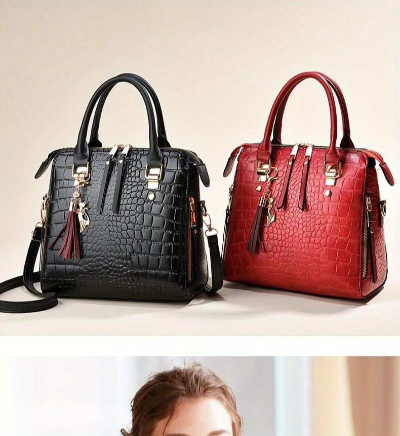 Fashion Crocodile Pattern Women's Handbag 2-piece Set, Women's Shoulder Bag with Tassel Decoration, Metal Cat Pendant Crossbody Bag