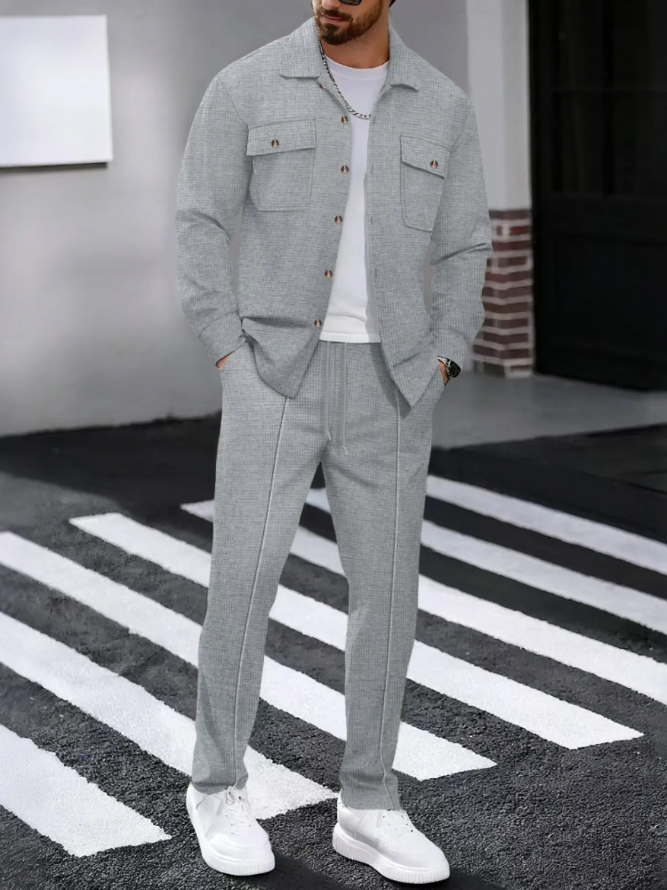 Men's 2 Piece Waffle Knit Outfit Set, Button Down Shirt Jacket & Drawstring Straight Leg Pants, Smart Casual Co-ord Tracksuit for Daily Commute & Leisure