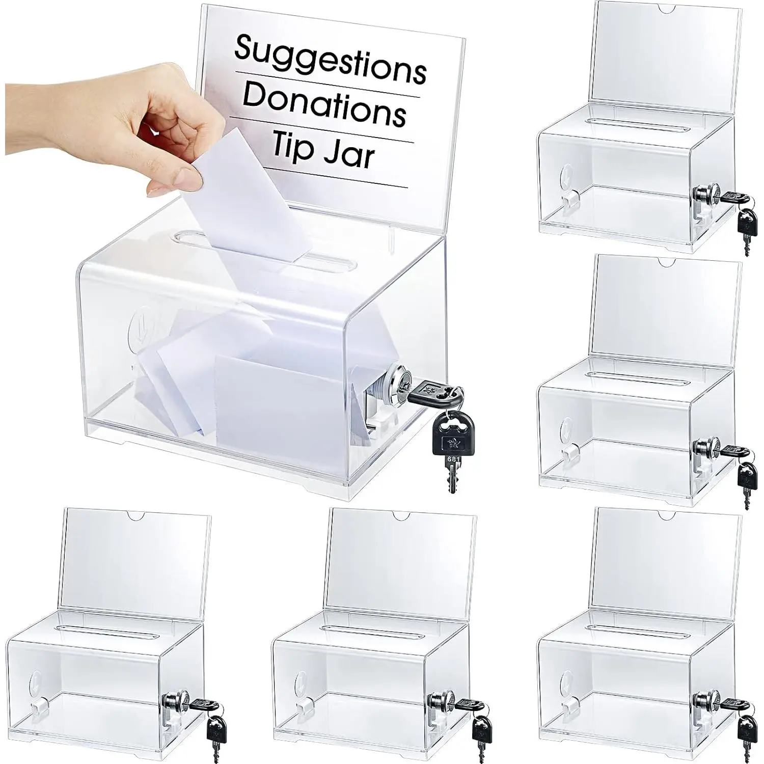 6 count  Donation Boxes with Lock Sign Holder and Slot | Ballot Box for Voting, Raffle, Secure Donation Container for Fundraising, Tip Jar, Suggestion Card Holder Included