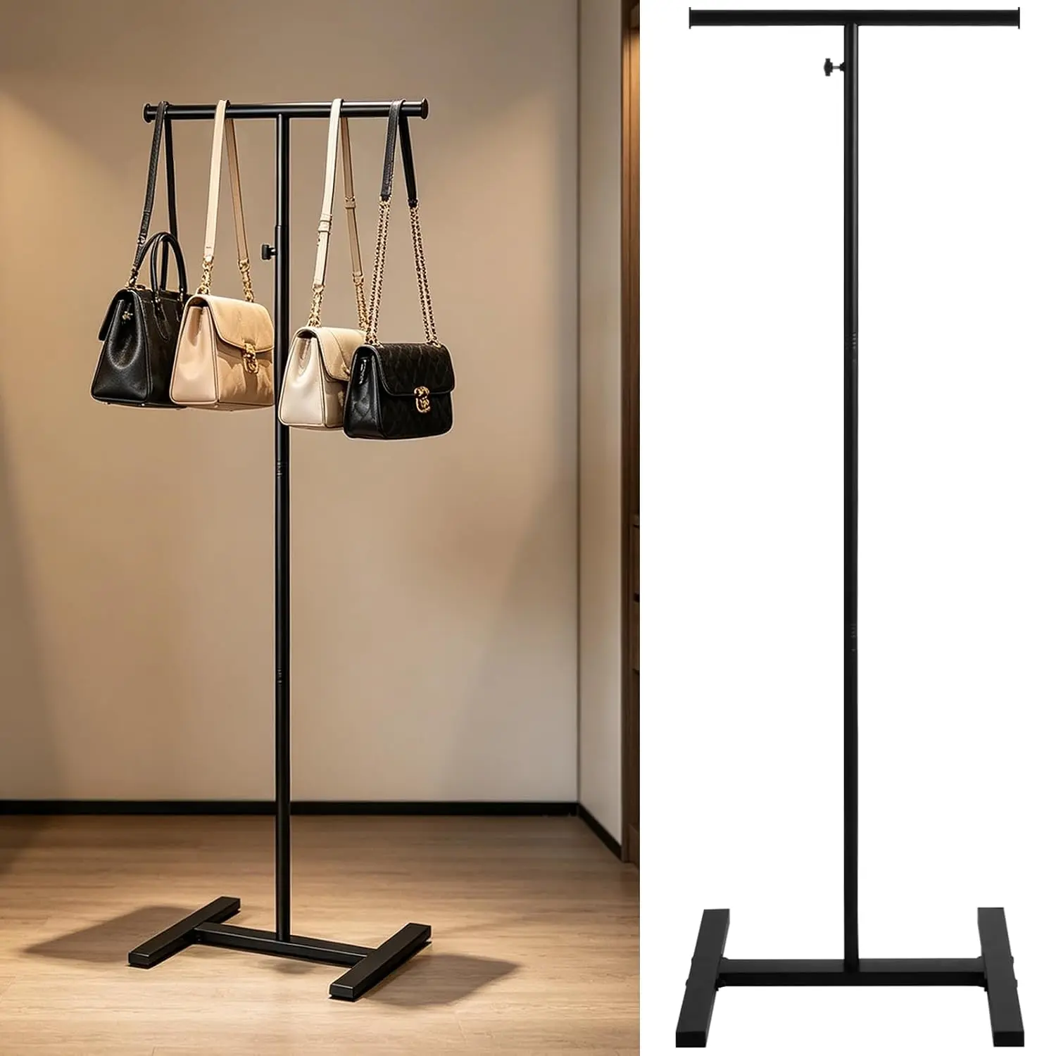 56" Shopping Bag Rack Stand, Adjustable Height Bag Display Rack with 4-Legged Base, Heavy Duty Metal T-Shaped Grocery Bag Holder for Retail Stores, Entryway & Hallway