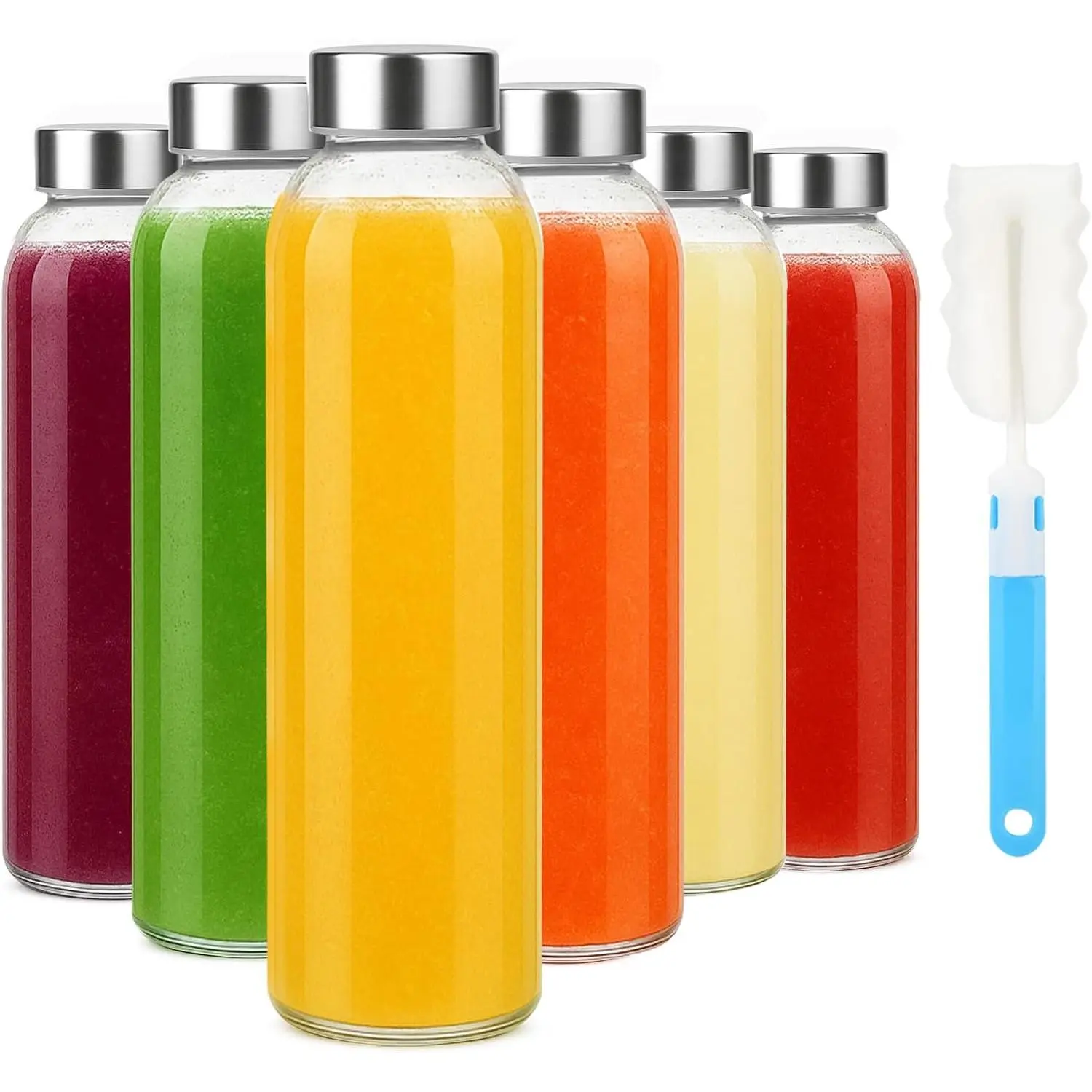 18oz Glass Water Bottle Set of 6, Clear glass juice bottle for juicing, Drinking Bottles with Stainless Steel Lid,Beverage Storage Containers for Refrigerator-,Leak Proof