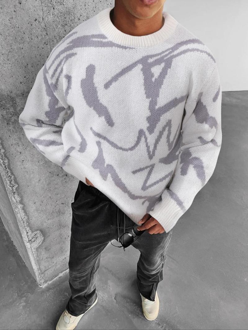 Men's Geometric Print Drop-Shoulder Sweater Pullover, Casual Street Comfy Long Sleeve Round Neck Jumper for Fall & Winter, Men's Knitwear for Daily Wear Men's Geometric Print Drop-Shoulder Sweater Pullover, Casual Street Comfy Long Sleeve Round Neck Jumper for Fall & Winter, Men's Knitwear for Daily Wear