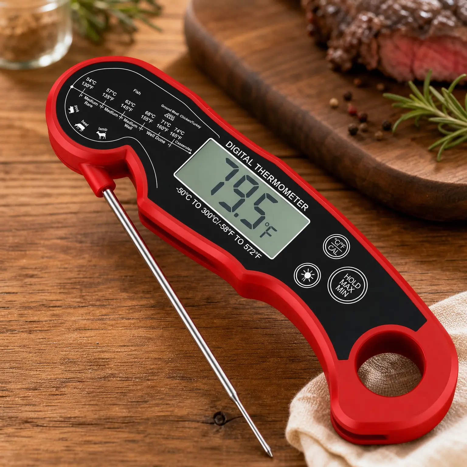 Digital Meat Thermometer for Grilling and Cooking - Waterproof Ultra-Fast Instant Read Food Thermometer with Backlight & Calibration for Kitchen, Deep Fry, BBQ, Grill(Red/Black), LCD