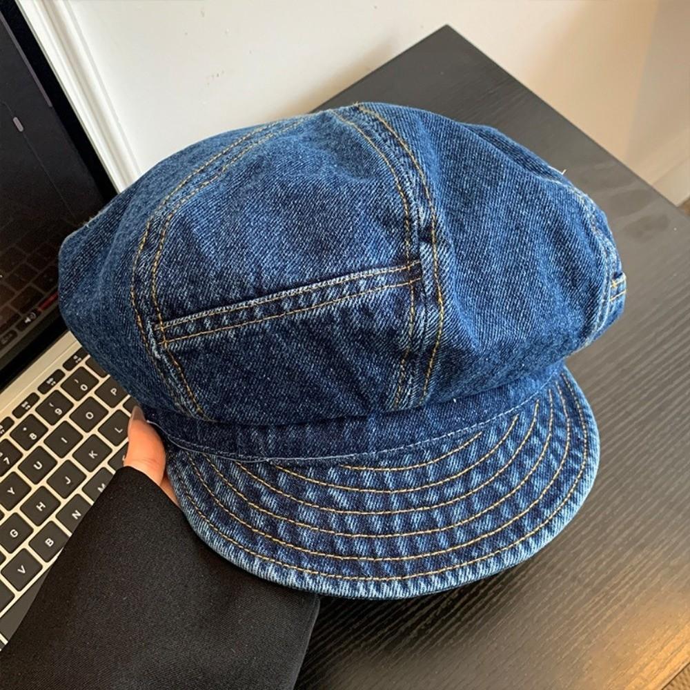 Fashion Vintage Washed Denim Beret Cloud Newsboy Octagonal Cap Visor Artist Peaked Hat Women