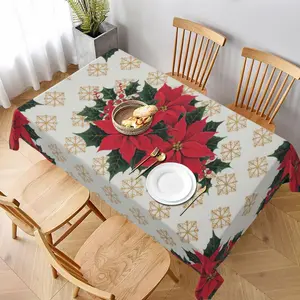 Christmas Themed Tablecloth, 1 Count Flowers & Leaves & Snowflake Pattern Festive Atmosphere Tablecloth, Party Decoration Supplies for Home Office Bar Cafe
