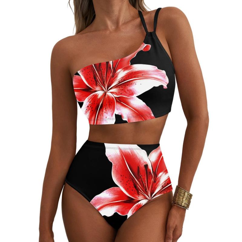 "Floral One-Shoulder Bikini Set - Vibrant High-Waist Swimwear for Summer"