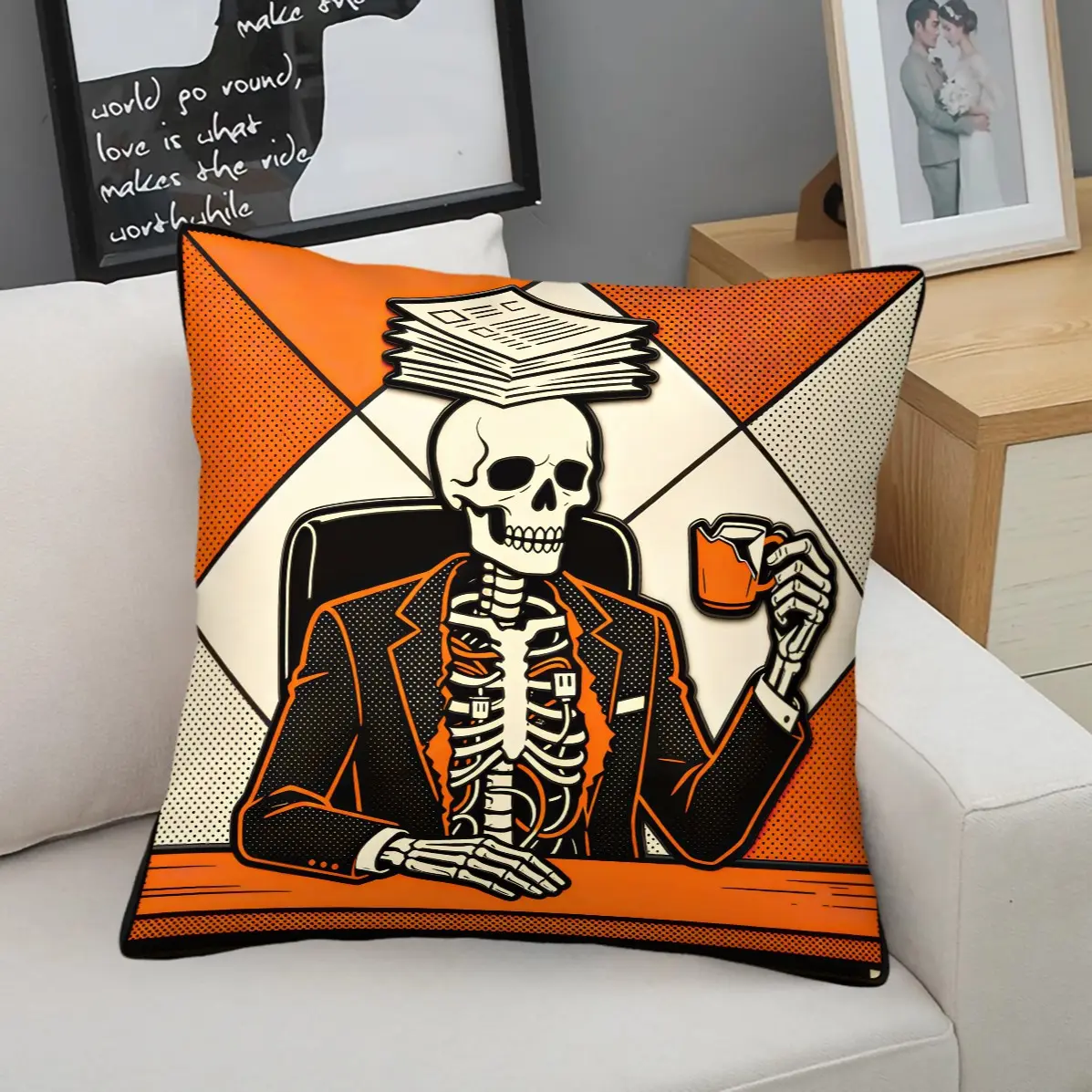 Funny Skeleton Work Square Throw Pillow With Insert, Cool Office Print Patterns, Unique Quirky Home Decor, Versatile Aesthetic Cushion For Office Bedroom Game Room