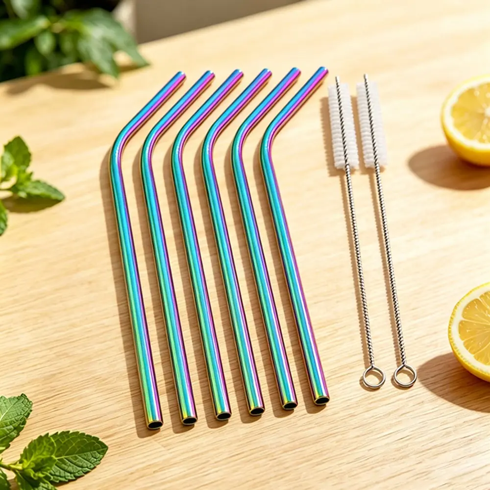 8-Piece Set Stainless Steel Reusable Bent Straw, Durable Drinking Straw for Juice, Smoothie, Milk Tea, Coffee, Cocktail, Drink Accessories, Reusable Straws