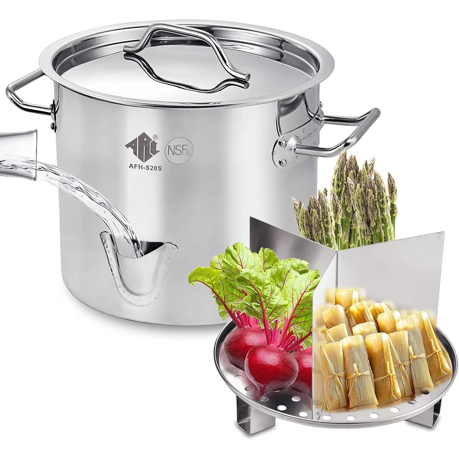 20QT Stainless Steel Tamale Steamer Pot w/ Easy-fill Water Spout, 5 Gal | Seafood Crab Steam with Divider and Steamer Rack, Olla Tamalera, Canner Canning, Lobster Steaming