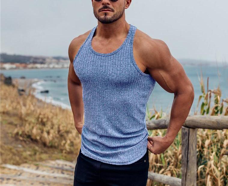 Pit Stripes Knitted Y Back Fitness Tank Tops Mens Bodybuilding Stringer Singlets Slim Fit Muscle Sleeveless Shirt Gym Clothing