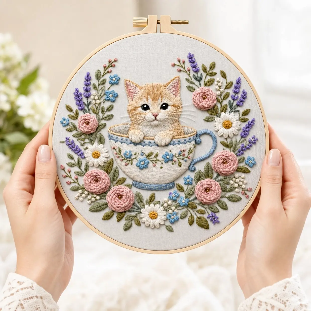Beginner Cross Stitch Kit, Cat and Floral Pattern, Elegant Style, DIY Embroidery Set, Includes Cotton Fabric, Thread, Needle, Instruction Manual