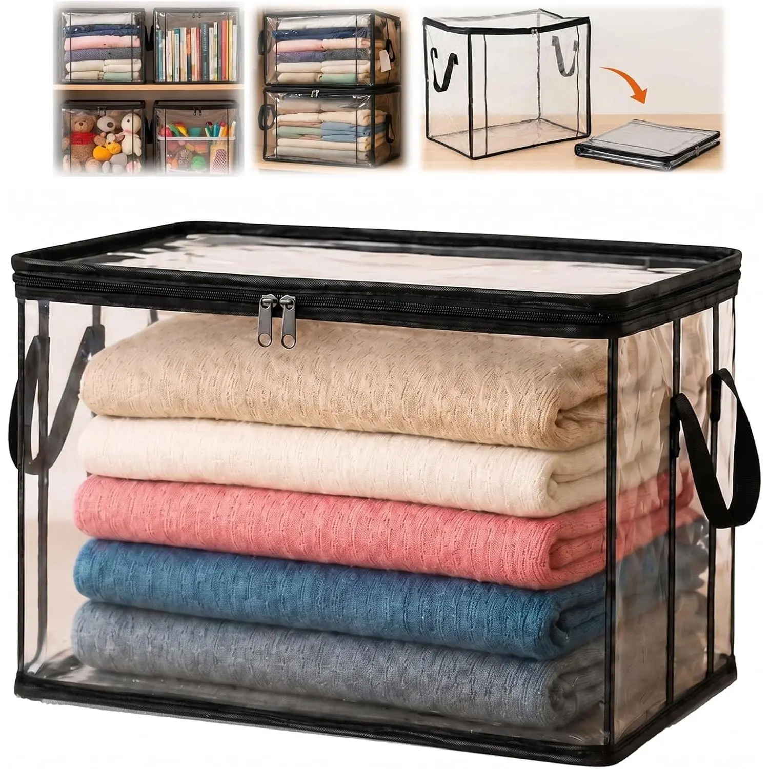 Extra Large Clear PVC Foldable Storage Bin, Heavy Duty Thick Plastic Container with Zipper & Handles, Closet Organizer for Clothes, Blankets, Toys & Moving