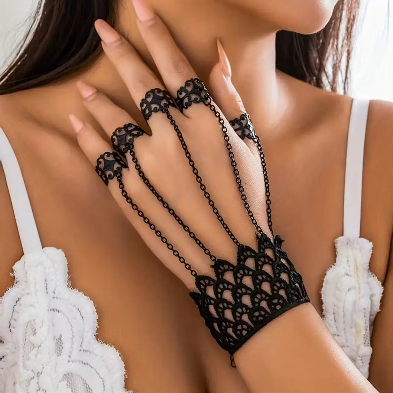 Halloween vintage exaggerated dark lace gloves, finger rings, bracelet in gothic style, back chain for hands. Suitable as a gift for friends, family or partner. Perfect Halloween accessories (2-piece set)