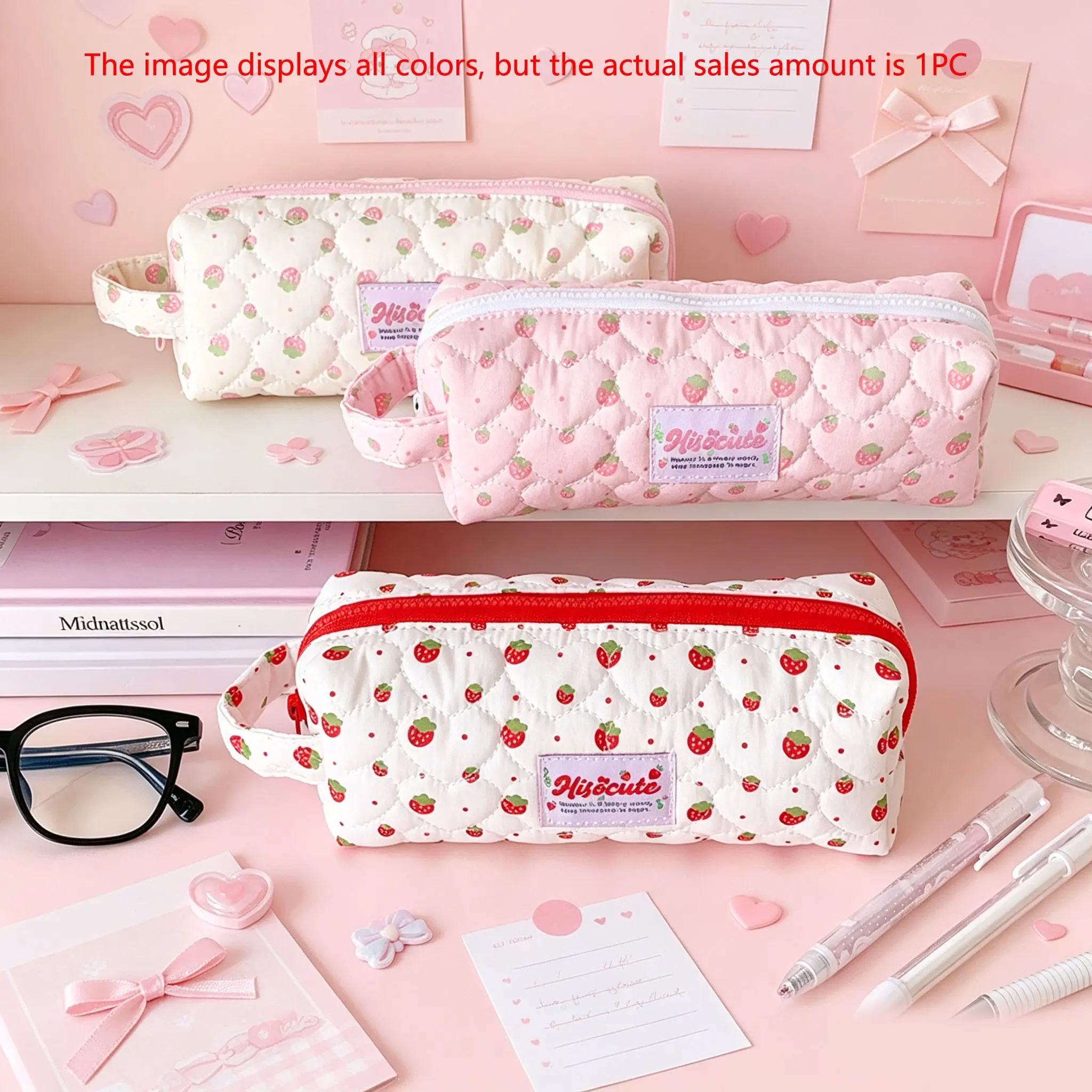 Cartoon Strawberry Quilted Padded Pen Bag, Student Stationery Organizer, High Aesthetic Value, with Compartments, Perfect for School and Office Supplies