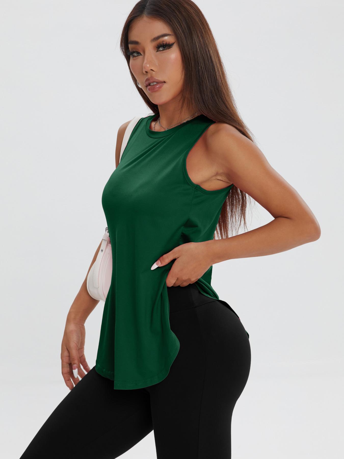 Women's Solid Color Asymmetrical Hem Sports Tank Top, Casual Curved Hem Sleeveless Round Neck Sports Top for Yoga Gym Workout Running, Ladies Sportswear for All Seasons