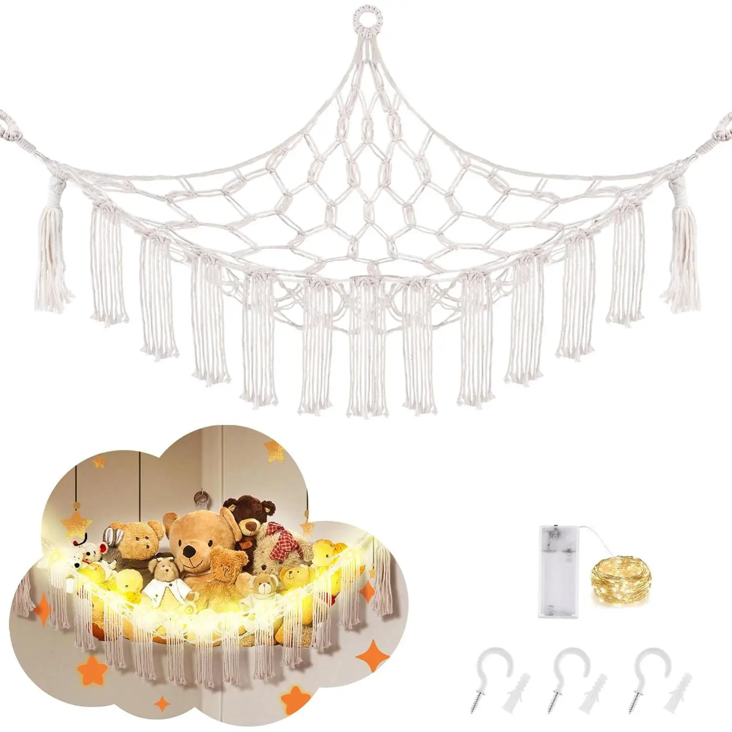 Animal Hammock with LED Light, Large Corner Plushie Net for Kids Room Decor, White
