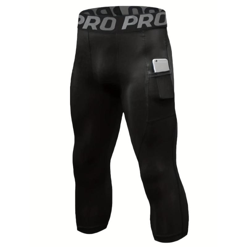 Men's Pro Compression Capris with Pockets - Quick-Dry, Stretchy Athletic Leggings for Basketball & Running, Breathable Polyester-Elastane Blend, Machine Washable