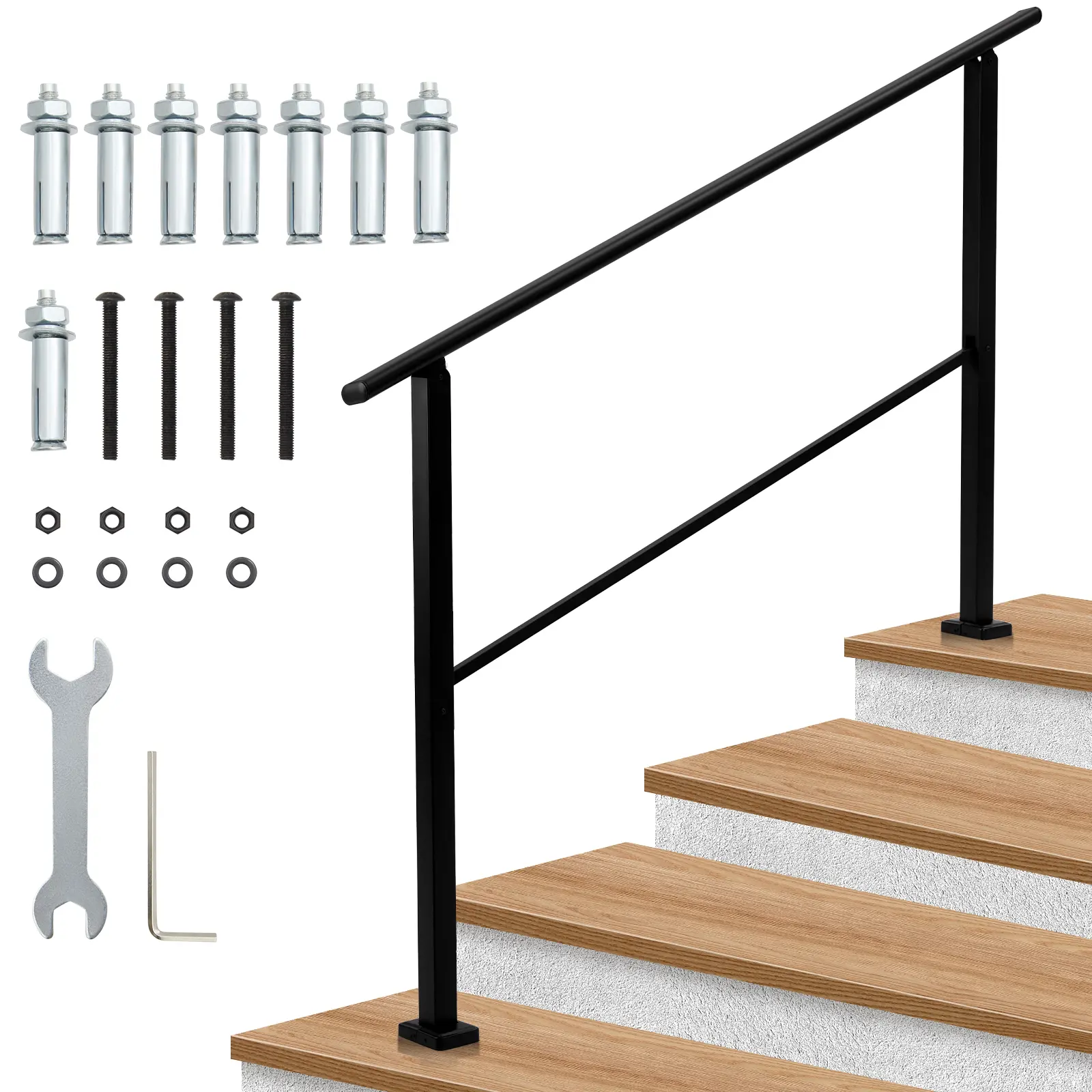 ‌Heavy Duty 3-5 Steps Handrails for Outdoor Stairs, Adjustable Metal Railings, Rust-Proof Safety Guardrail for Deck, Porch, Steps