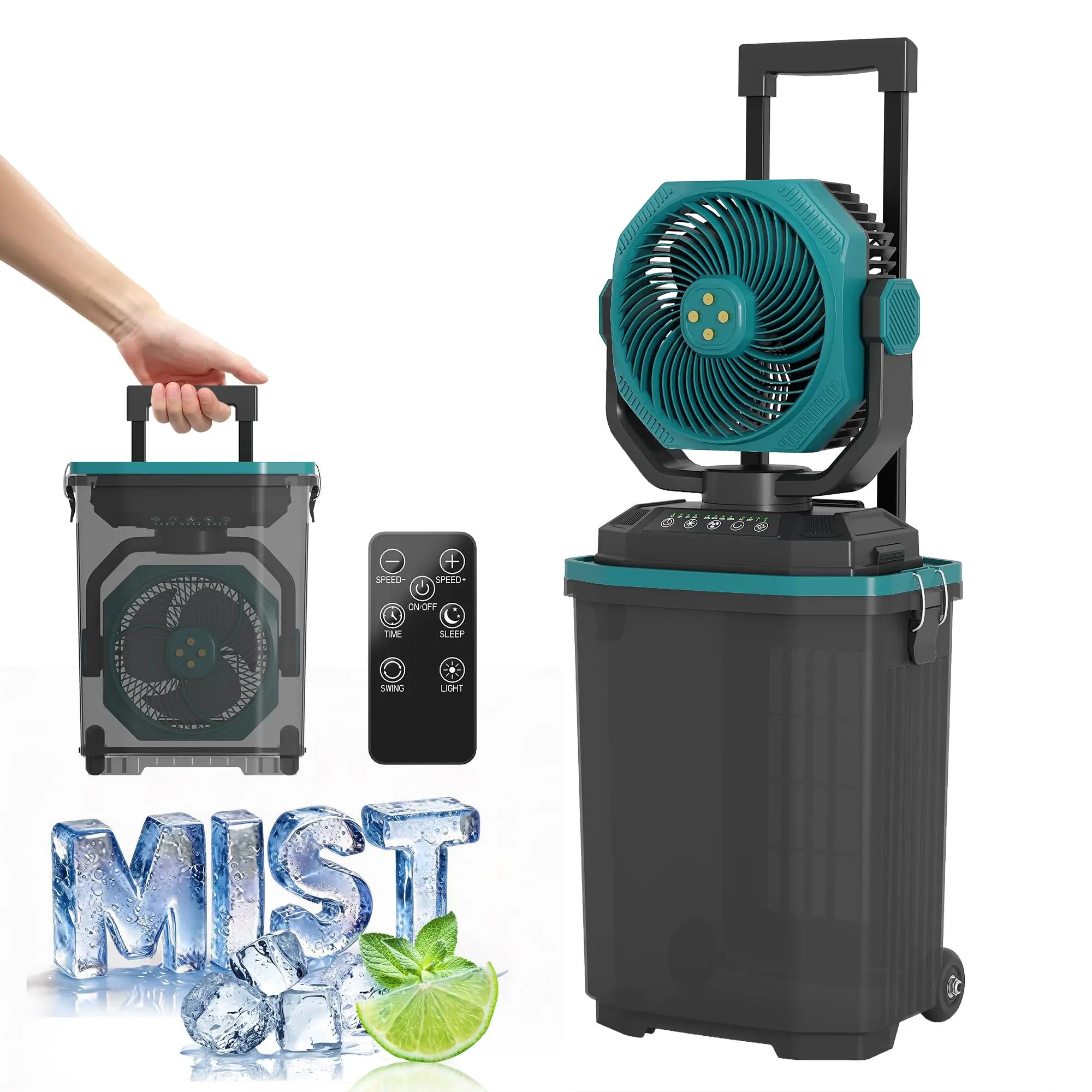 15L Large Misting Bucket Fan Portable, 30000mAh Rechargeable Mister Fan with Retractable Handle & Oscillating Camping Fan for Patio/Beach/Fishing/Golf/Travel Essentials