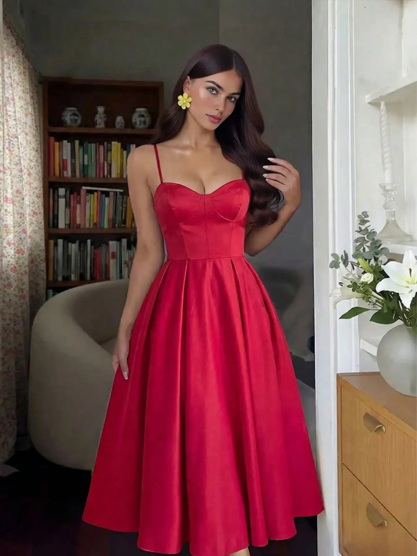 Women's solid color cinched waist A-line back tie sexy and elegant vacation-style Valentine's Day date spring and summer spaghetti strap dress