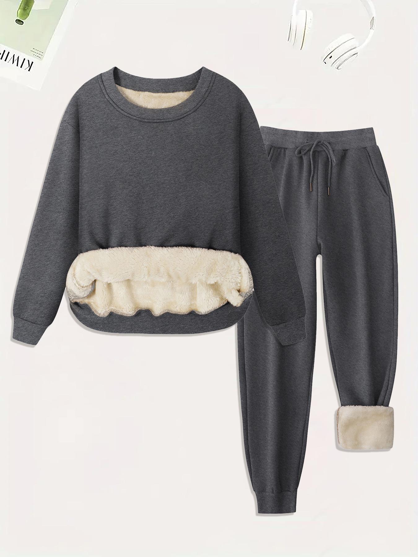 Women's Plain Soft Plush Lined Sweatshirt & Drawstring Waist Sweatpants Two-piece Set, Basic Casual Fitted Round Neck Long Sleeve Pullover & Pocket Jogger Pants, Women's Two-piece Outfits for Winter Womenswear