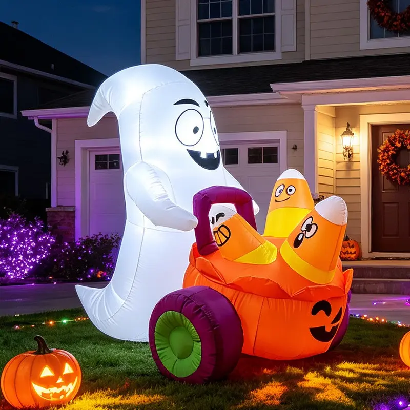Halloween Inflatable Ghost Pushing Pumpkin Cart, Blow Up Halloween Yard Decorations with Candy Corn Characters, Outdoor Lawn Decor for Front Yard, Porch, Garden, Party & Trick or Treat Halloween Decorations