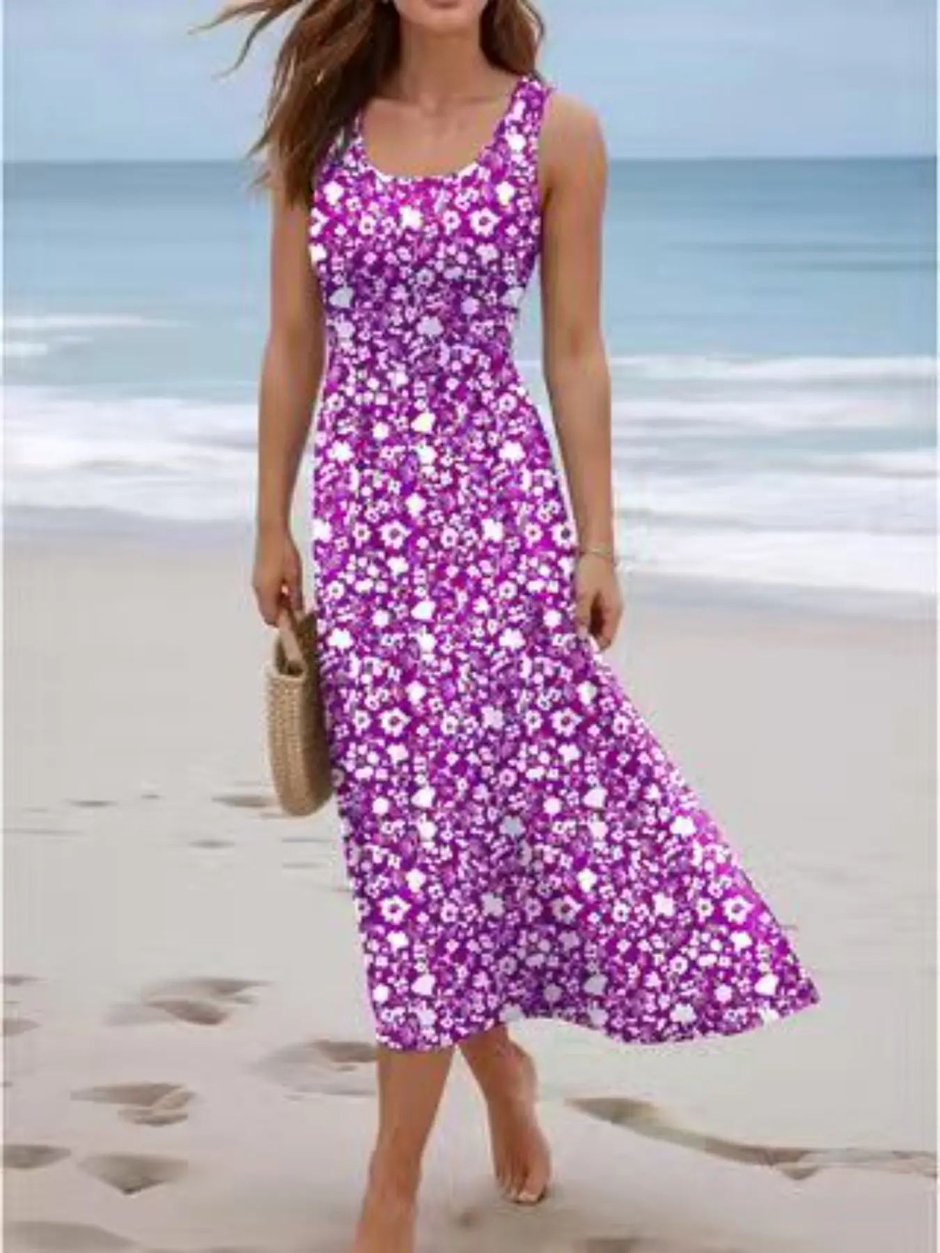 Fashion Women's New Print Halter Sleeveless Comfortable Beach Vacation Coastal Boho Sand Dress, Stylish Summer for Ladies, Perfect for Coastal Getaways
