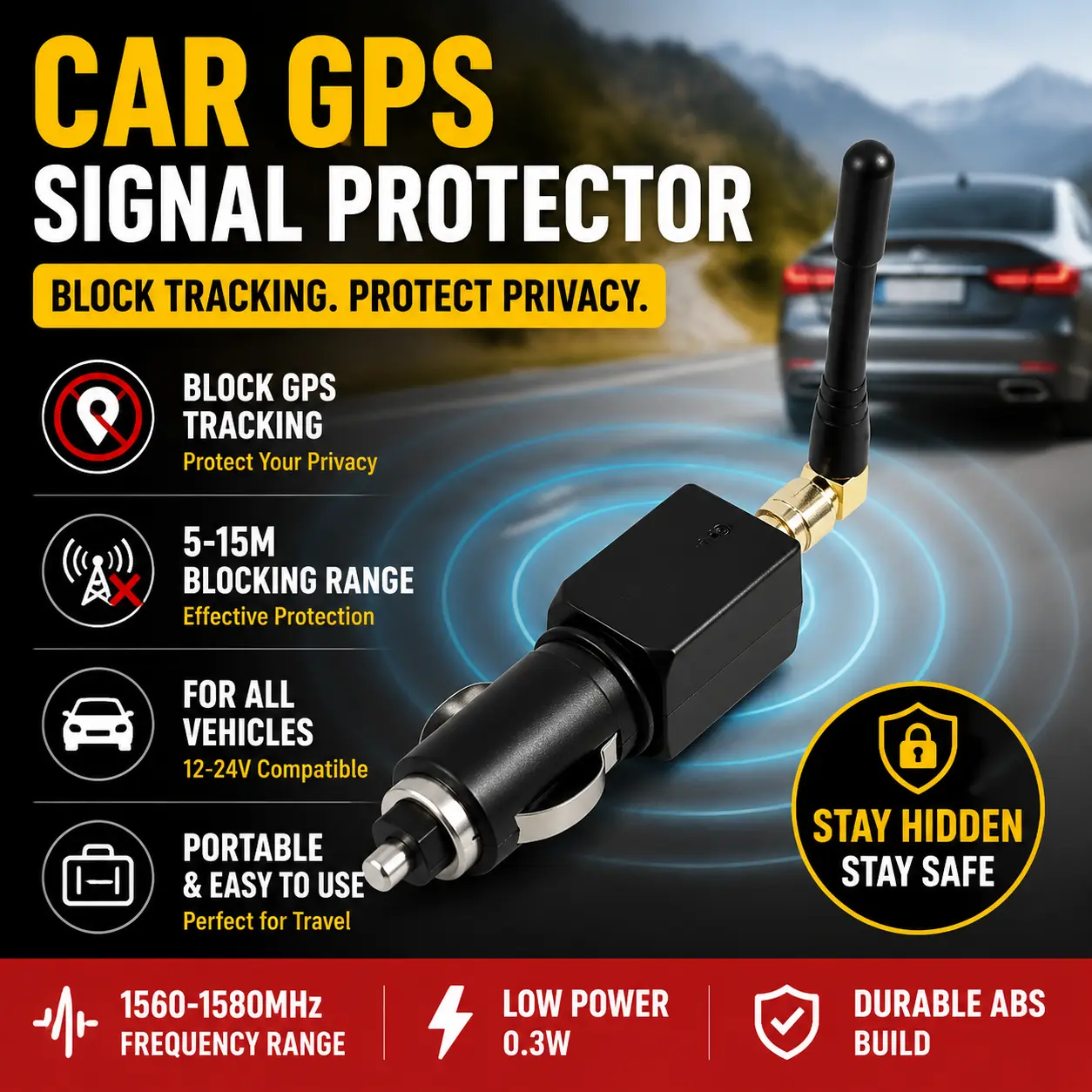Car GPS Signal Protector Privacy Security Anti-Trac Device for Vehicles Portable Travel Accessory Indoor & Outdoor Use Black ABS 12-24V 0.3W 5-15m Range Portable for Car Travel