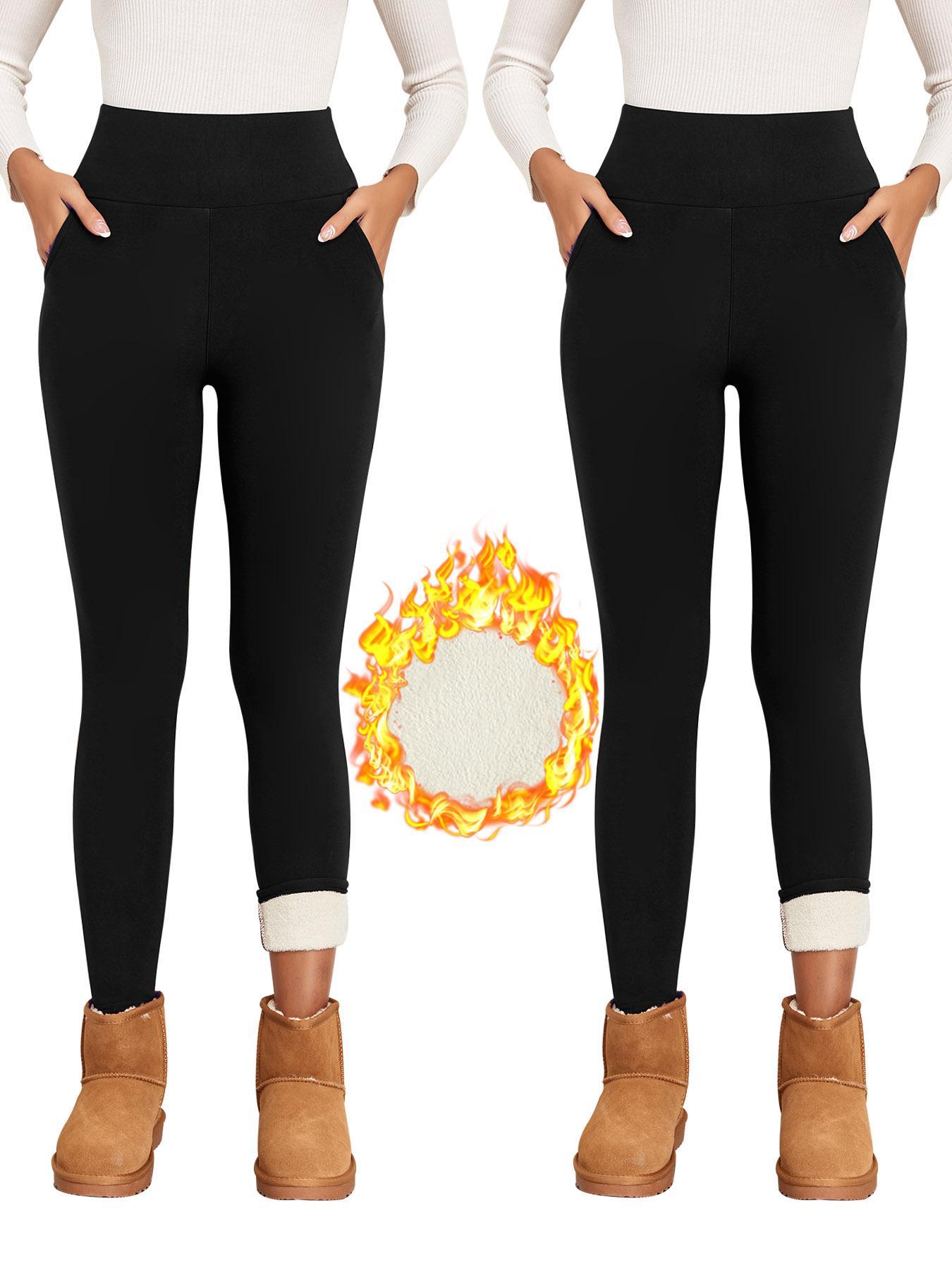 Women's Plain Basic Minimalist Pocket High Waist Thermal Lined Leggings, Casual Comfy Warm Skinny Pants for Everyday Wear, Ladies Bottoms for Winter Womenswear