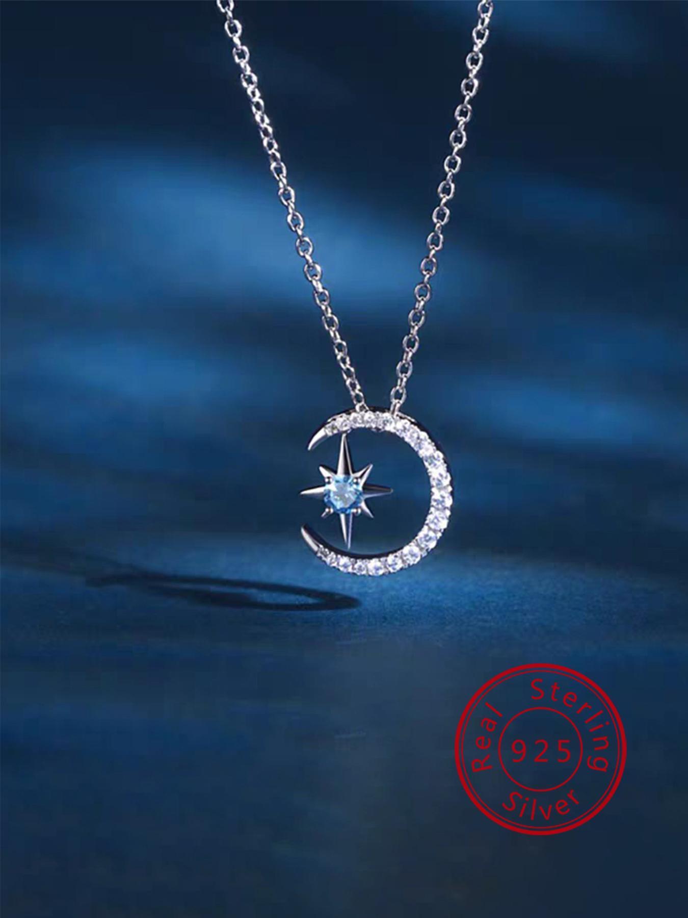 925 Sterling Silver Women's Star & Moon Design Pendant Necklace, Exquisite Trendy Pendant Necklace, Chic Jewelry As Gift for Girlfriend, High End Necklace