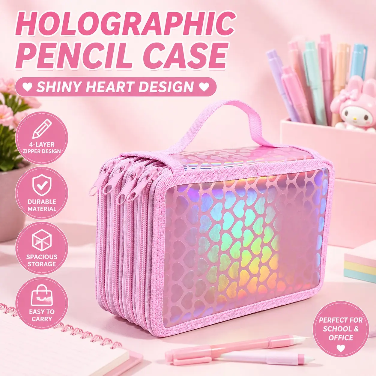 4-Layer Zipper Pencil Case with Glitter Heart Leather-Look Surface, Large Capacity Colored Pencil Organizer with Carry Handle, Portable Stationery Storage Bag for Students, Artists, School, Office, Travel, Slim ballpoint pen and Art Supplies