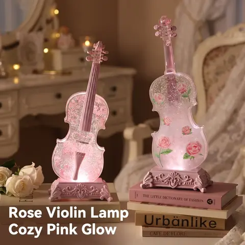 Violin Shaped Artificial Crystal Lamp Music Box with Bluetooth Speaker, Ideal Gift for Home Decor, Tabletop Night Light for Living Room, Mono Audio Output, Rose Pattern, Decorative Atmosphere Lighting