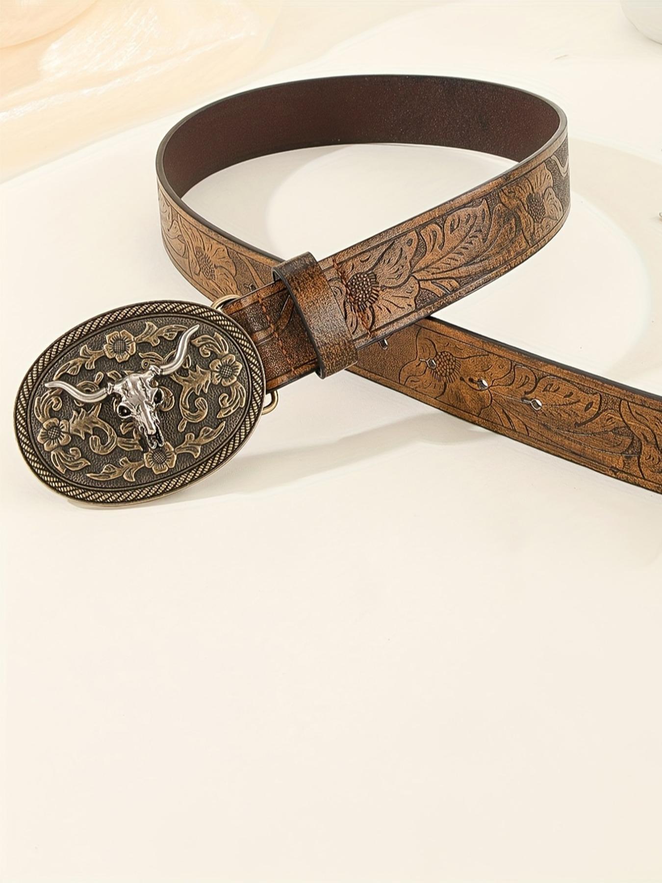 Vintage Flowers Embossed Western Belt with Cow Decor Buckle, Western Belt Buckles, Fashion All-match Cowboy Waistband for Jeans, Trendy Accessories for Daily Life