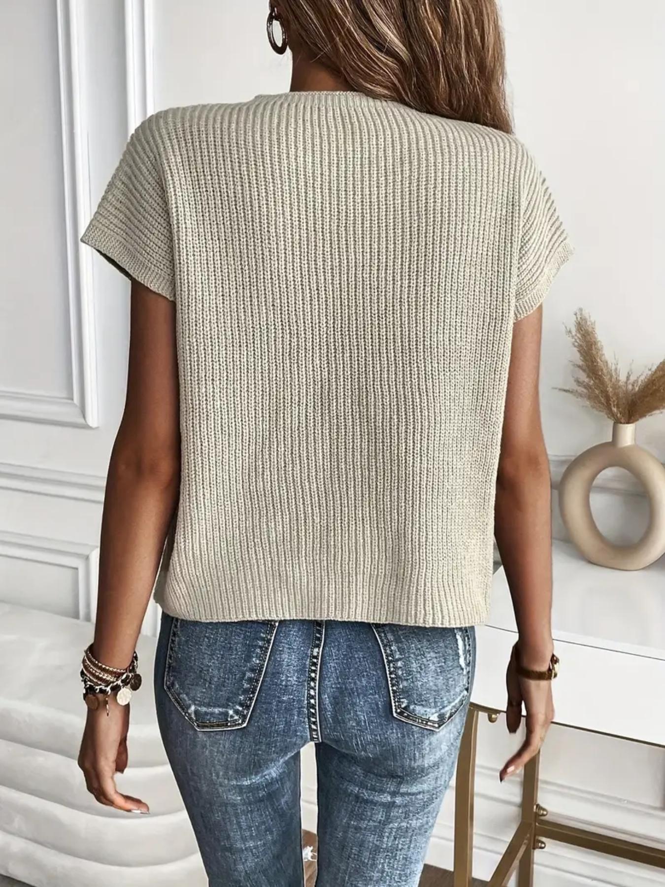 Women's Plain Pocket Round Neck Comfort Knit Top, Fitted Casual Breathable Short Sleeve Womenswear, Crochet Tops for Lady, Summer, Comfort Summer Tops, Summer Clothes, Fashion Women's Knitting Clothing for Everyday Daily Wear, Womenswear