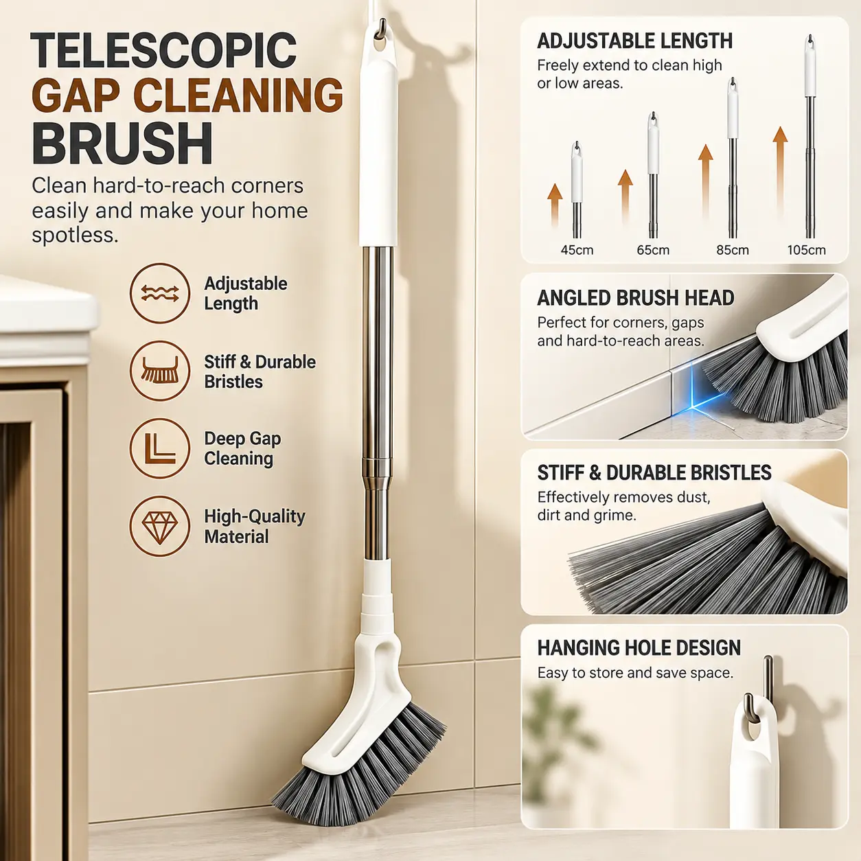 Extendable Cleaning Brush with Long Handle – Thin Gap & Crevice Scrubber for Window Track, Grout, Bathtub, Floor Corners, Rotating Head