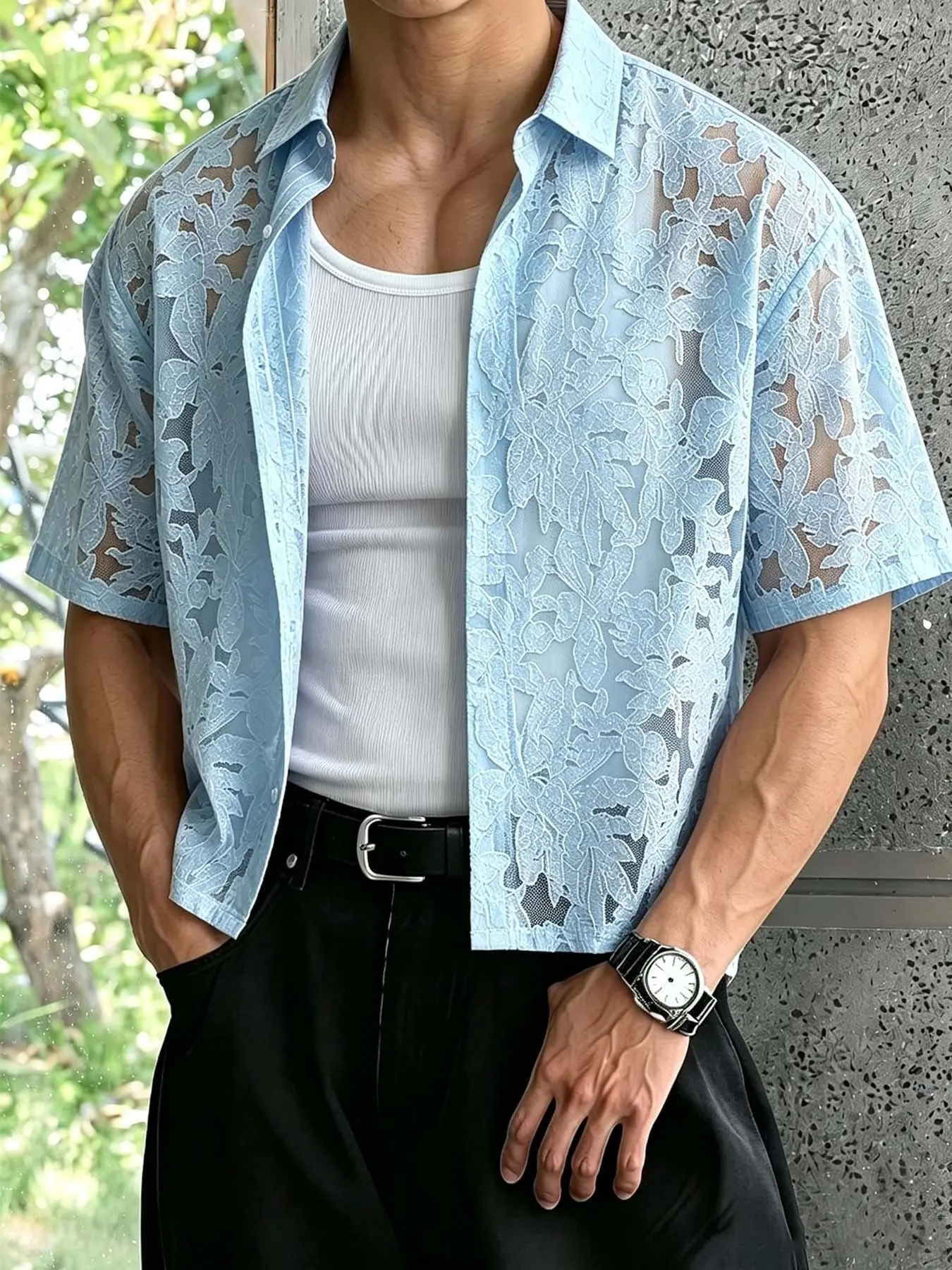 Men's apricot floral lace short-sleeve shirt, see-through hollow design with a loose collar, lightweight and breathable fabric, suitable for summer beach trips, casual dates, street strolls, vacation travel, and music festival looks